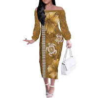Gold Hibiscus Turle Off The Shoulder Long Sleeve Dress Hawaiian Style Tribal Tapa Pattern