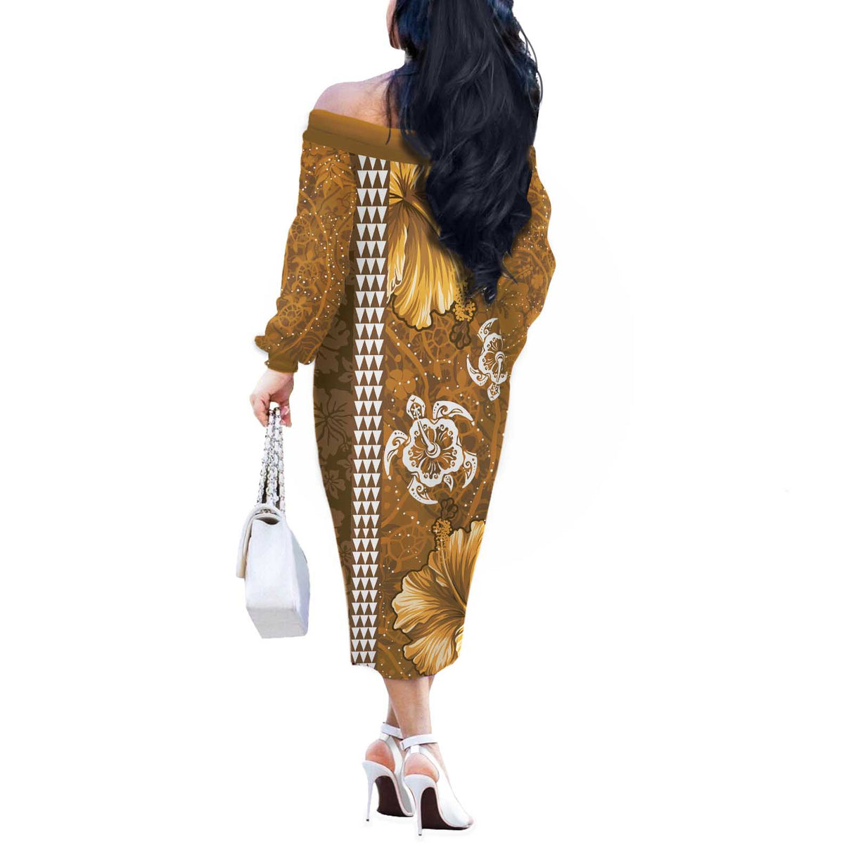 Gold Hibiscus Turle Off The Shoulder Long Sleeve Dress Hawaiian Style Tribal Tapa Pattern