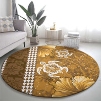 Gold Hibiscus Turle Round Carpet Hawaiian Style Tribal Tapa Pattern