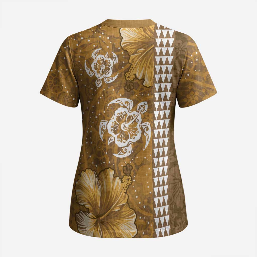Gold Hibiscus Turle Scrub Top Hawaiian Style Tribal Tapa Pattern - Polynesian Pride