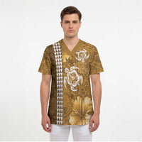 Gold Hibiscus Turle Scrub Top Hawaiian Style Tribal Tapa Pattern - Polynesian Pride