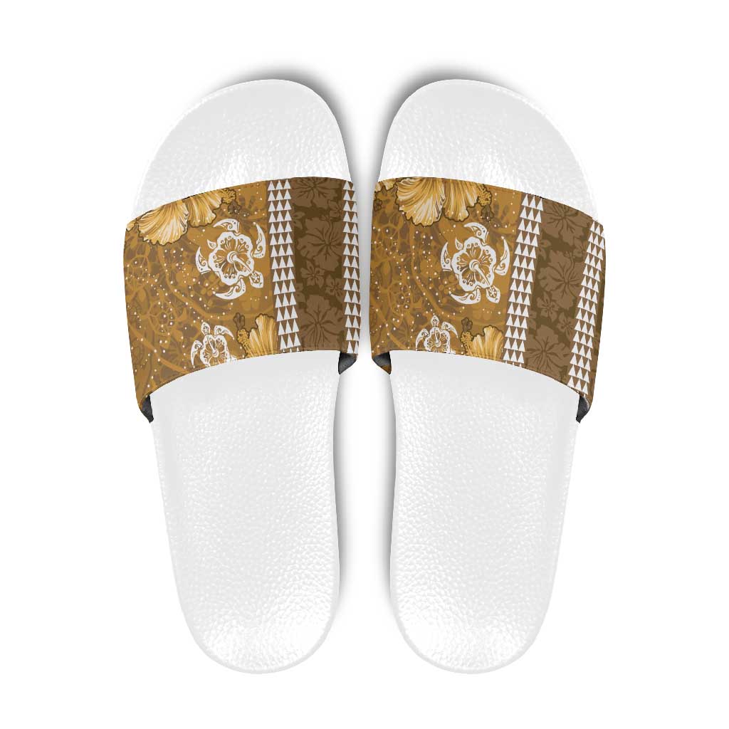 Gold Hibiscus Turle Slide Sandals Hawaiian Style Tribal Tapa Pattern - Polynesian Pride