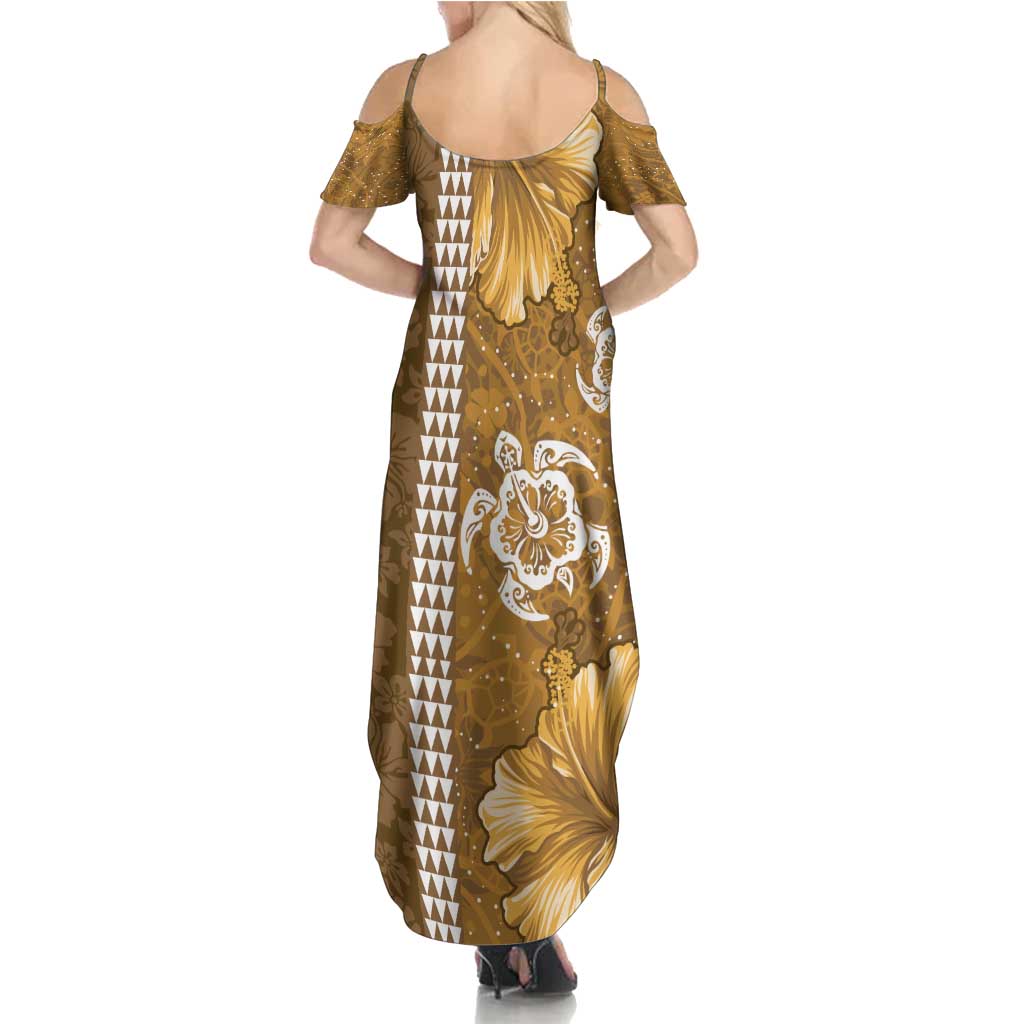 Gold Hibiscus Turle Summer Maxi Dress Hawaiian Style Tribal Tapa Pattern