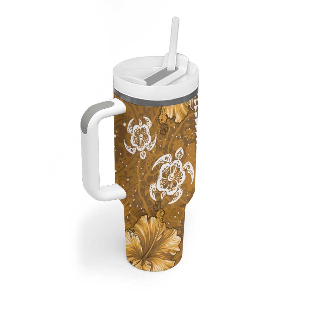 Gold Hibiscus Turle Tumbler With Handle Hawaiian Style Tribal Tapa Pattern