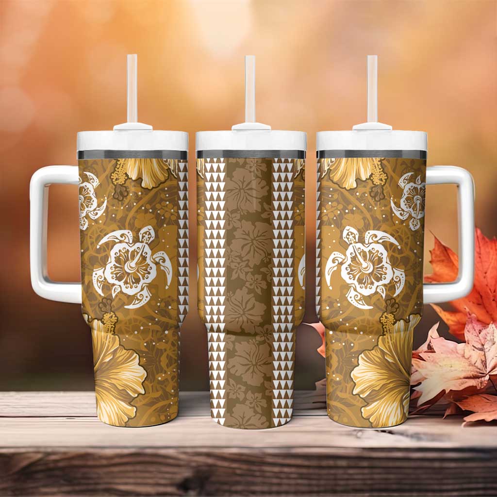 Gold Hibiscus Turle Tumbler With Handle Hawaiian Style Tribal Tapa Pattern