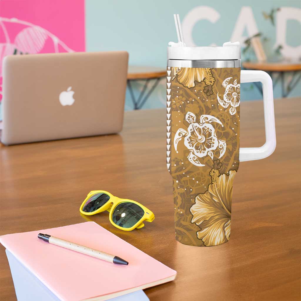 Gold Hibiscus Turle Tumbler With Handle Hawaiian Style Tribal Tapa Pattern