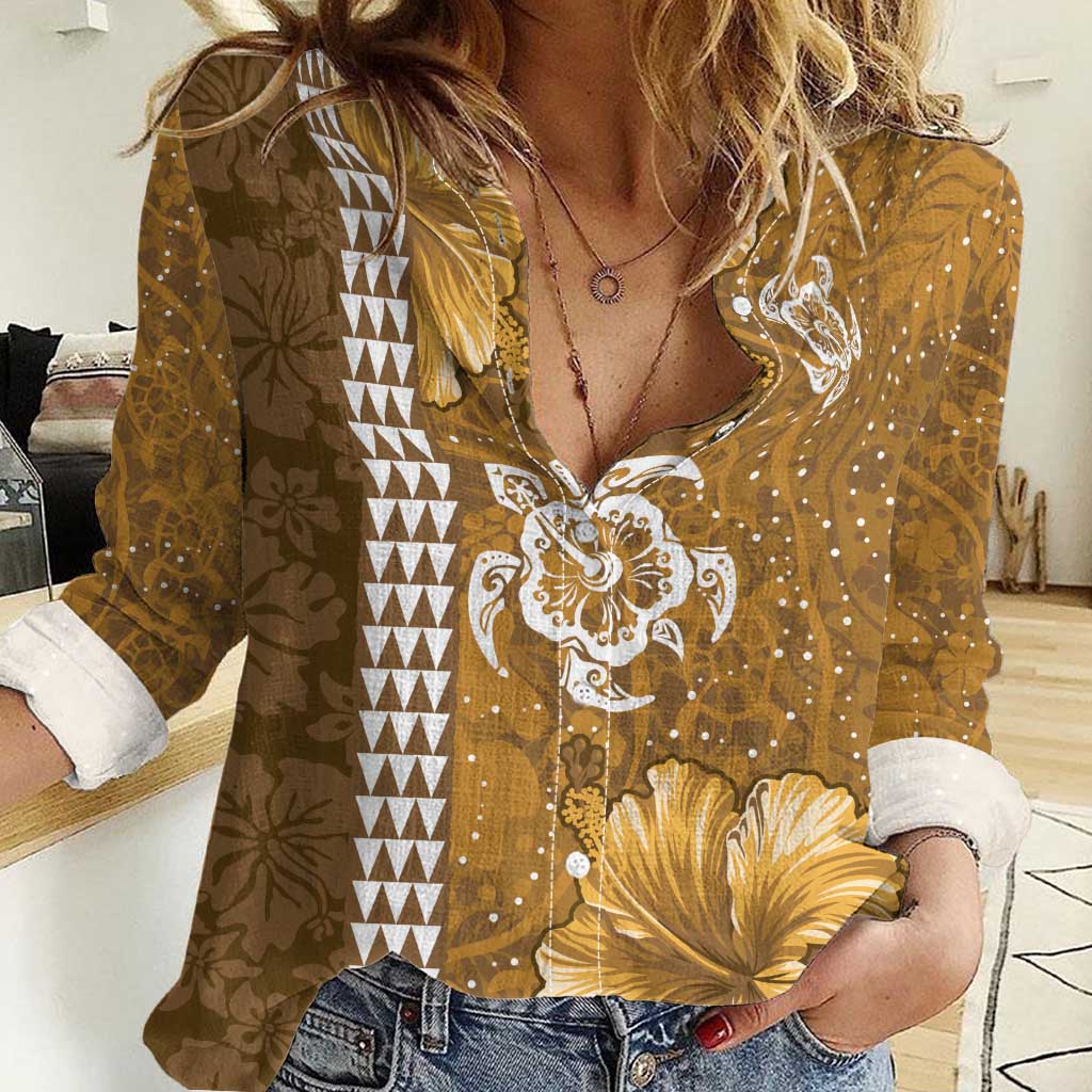 Gold Hibiscus Turle Women Casual Shirt Hawaiian Style Tribal Tapa Pattern