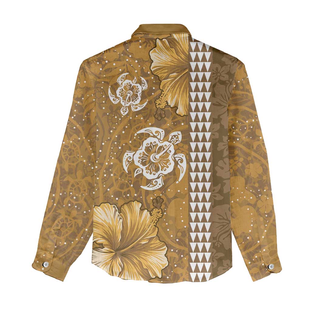 Gold Hibiscus Turle Women Casual Shirt Hawaiian Style Tribal Tapa Pattern