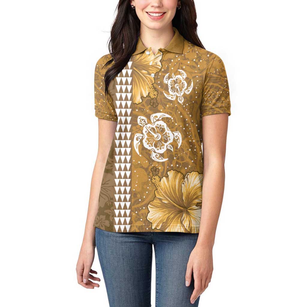 Gold Hibiscus Turle Women Polo Shirt Hawaiian Style Tribal Tapa Pattern