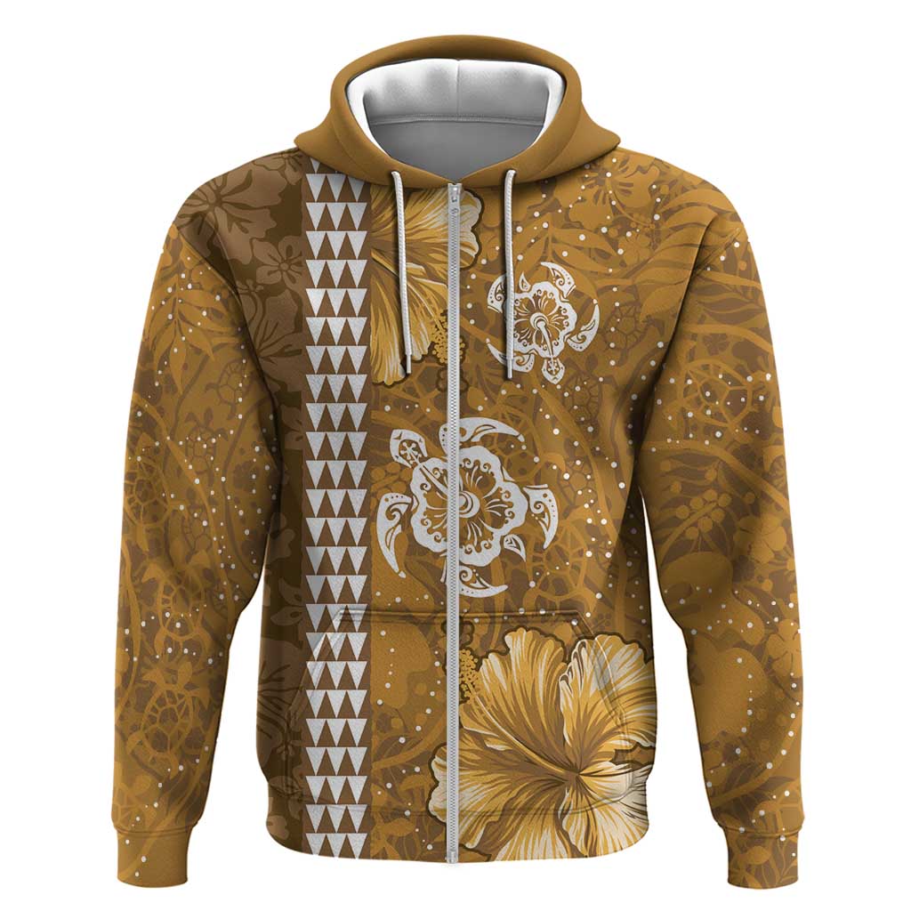 Gold Hibiscus Turle Zip Hoodie Hawaiian Style Tribal Tapa Pattern