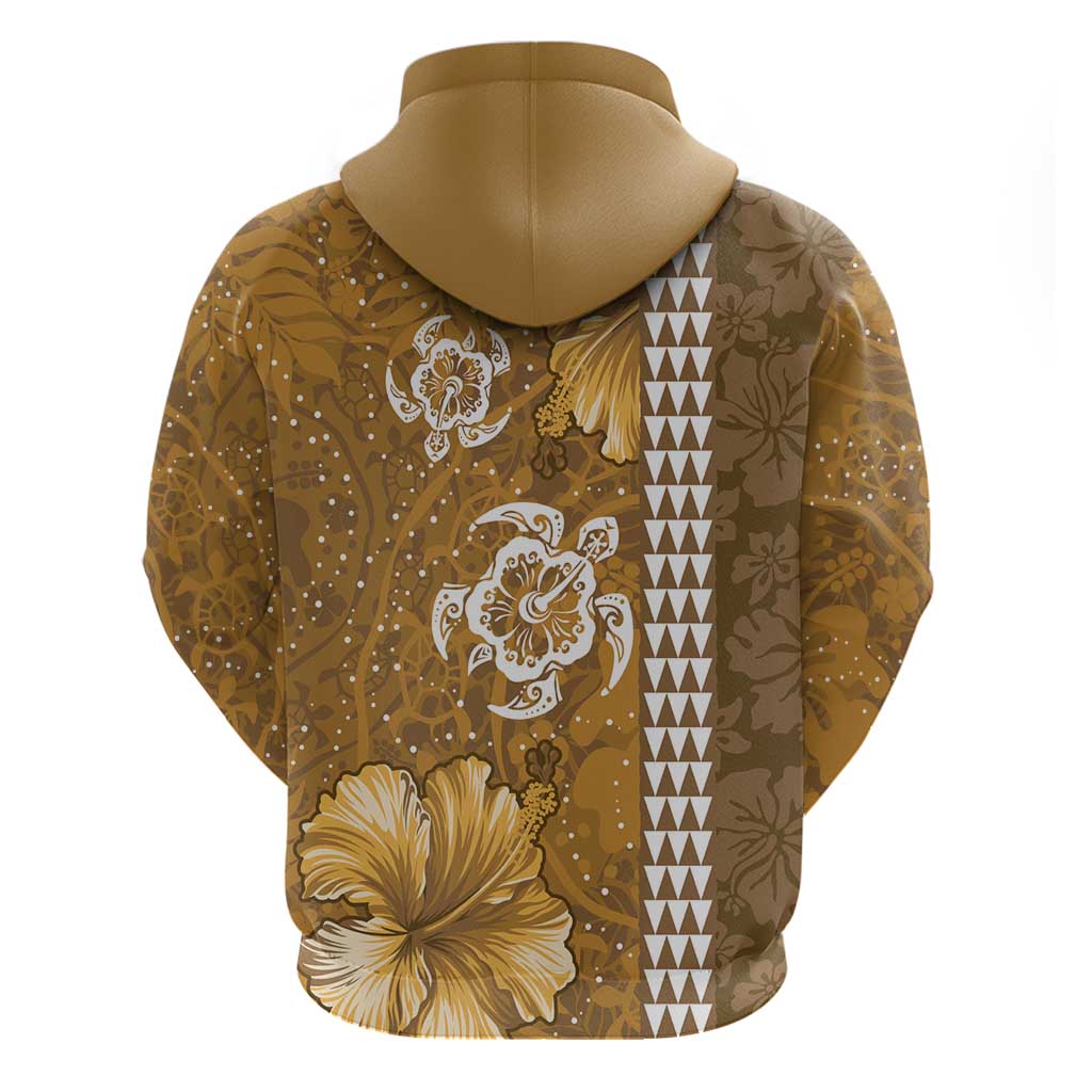 Gold Hibiscus Turle Zip Hoodie Hawaiian Style Tribal Tapa Pattern