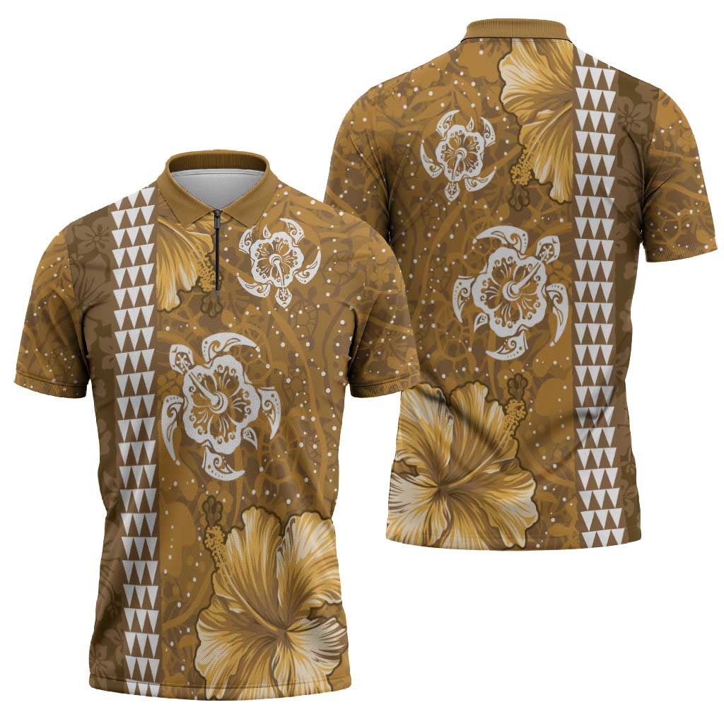 Gold Hibiscus Turle Zipper Polo Shirt Hawaiian Style Tribal Tapa Pattern - Polynesian Pride