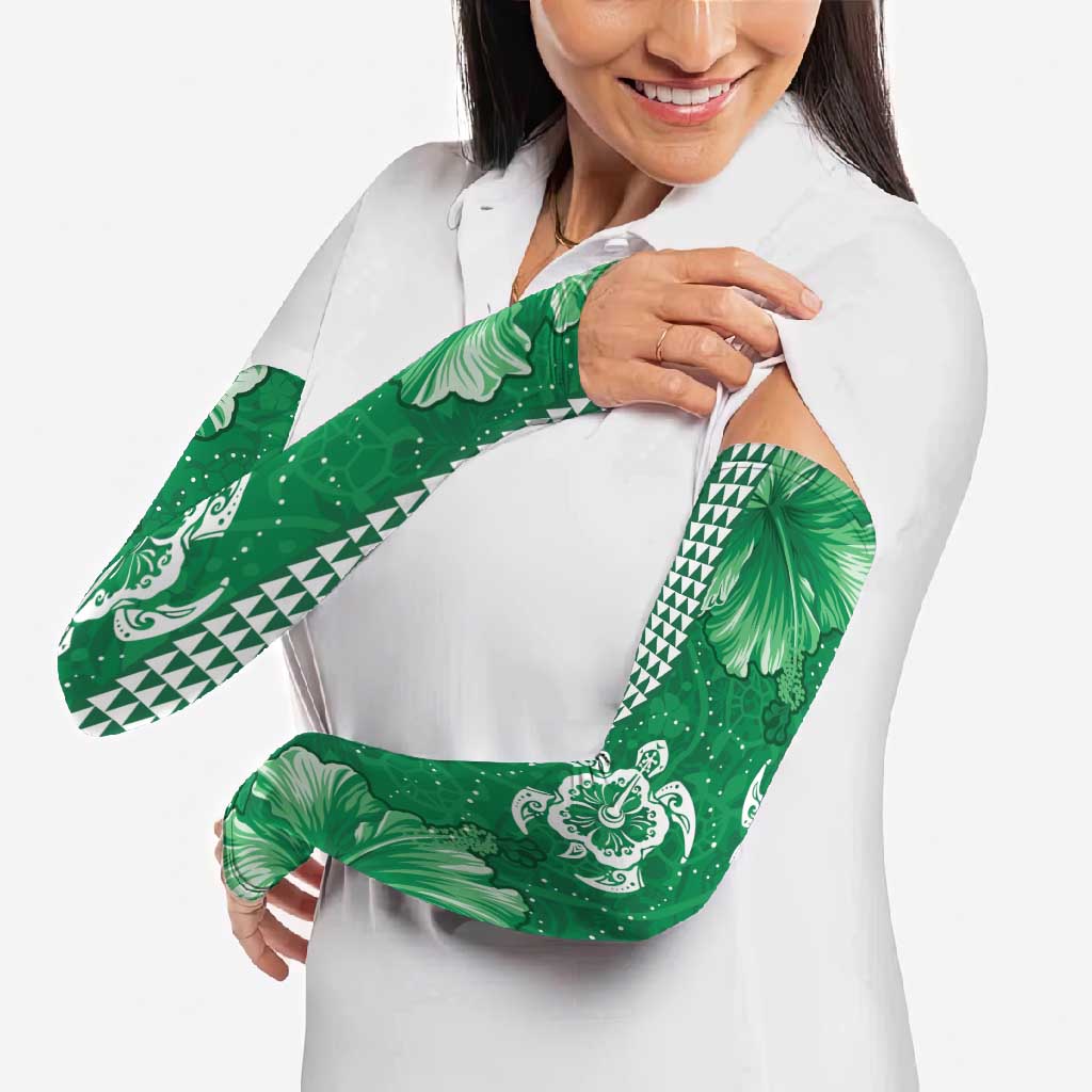Green Hibiscus Turle Arm Sleeves Hawaiian Style Tribal Tapa Pattern - Polynesian Pride
