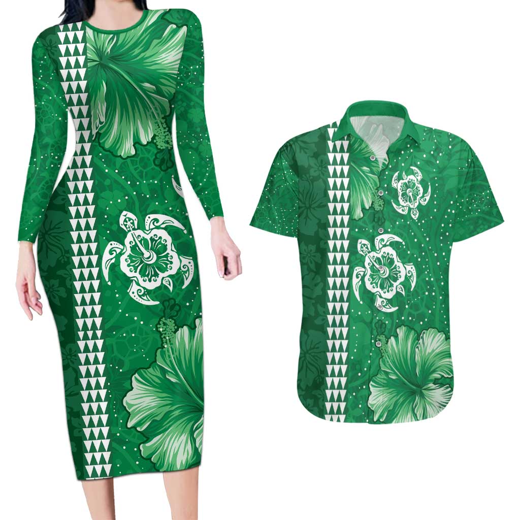 Green Hibiscus Turle Couples Matching Long Sleeve Bodycon Dress and Hawaiian Shirt Hawaiian Style Tribal Tapa Pattern