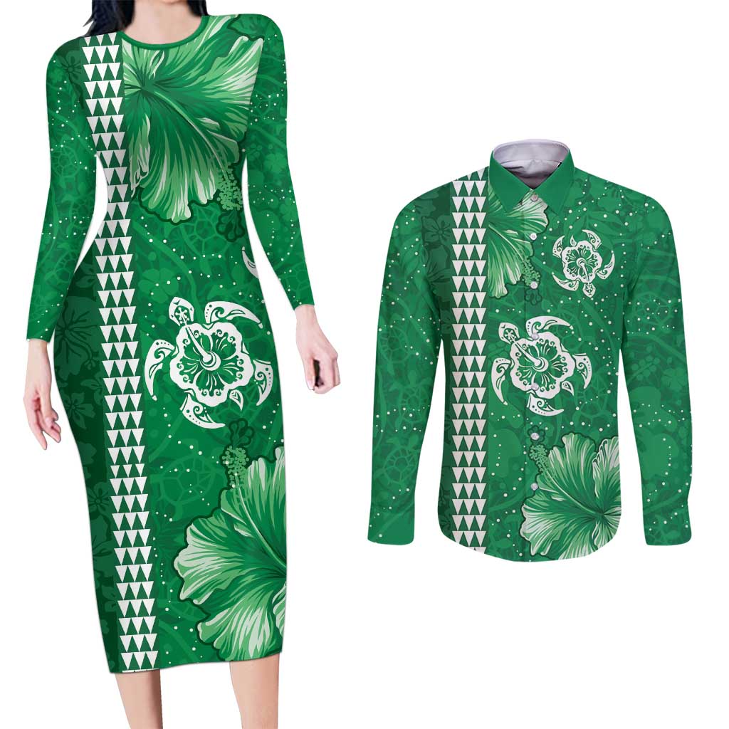Green Hibiscus Turle Couples Matching Long Sleeve Bodycon Dress and Long Sleeve Button Shirt Hawaiian Style Tribal Tapa Pattern