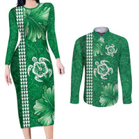 Green Hibiscus Turle Couples Matching Long Sleeve Bodycon Dress and Long Sleeve Button Shirt Hawaiian Style Tribal Tapa Pattern