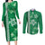 Green Hibiscus Turle Couples Matching Long Sleeve Bodycon Dress and Long Sleeve Button Shirt Hawaiian Style Tribal Tapa Pattern