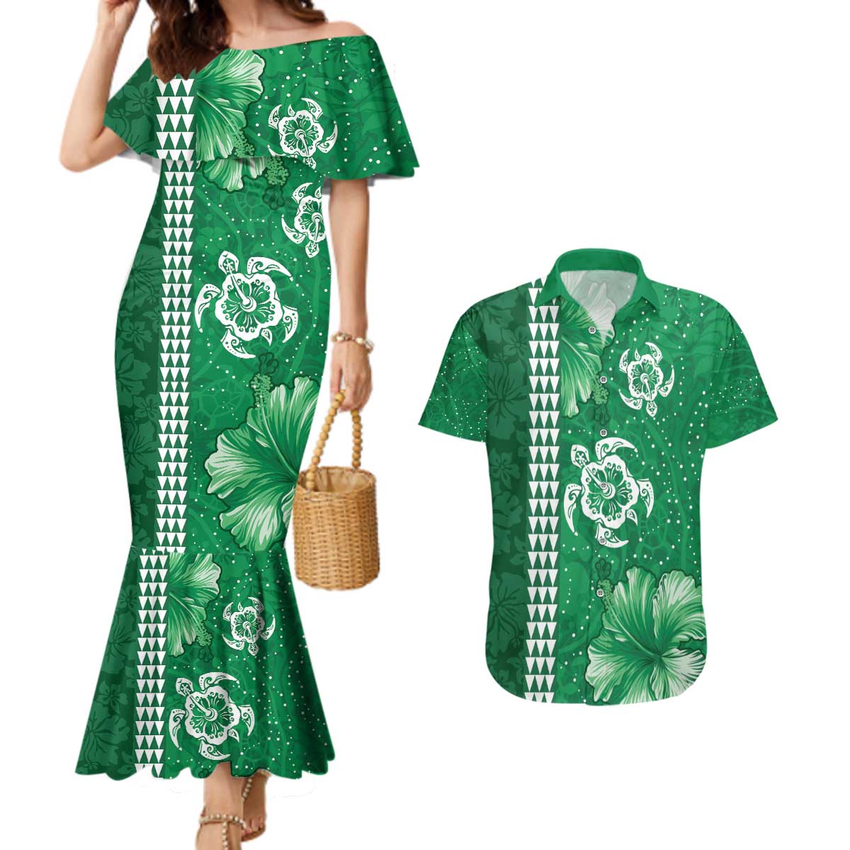 Green Hibiscus Turle Couples Matching Mermaid Dress and Hawaiian Shirt Hawaiian Style Tribal Tapa Pattern