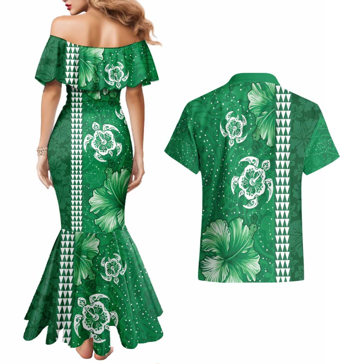Green Hibiscus Turle Couples Matching Mermaid Dress and Hawaiian Shirt Hawaiian Style Tribal Tapa Pattern