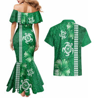 Green Hibiscus Turle Couples Matching Mermaid Dress and Hawaiian Shirt Hawaiian Style Tribal Tapa Pattern