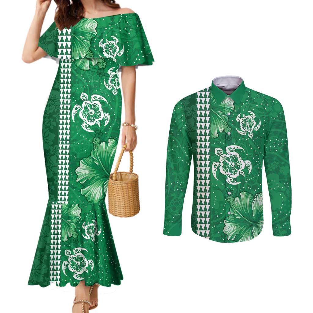 Green Hibiscus Turle Couples Matching Mermaid Dress and Long Sleeve Button Shirt Hawaiian Style Tribal Tapa Pattern