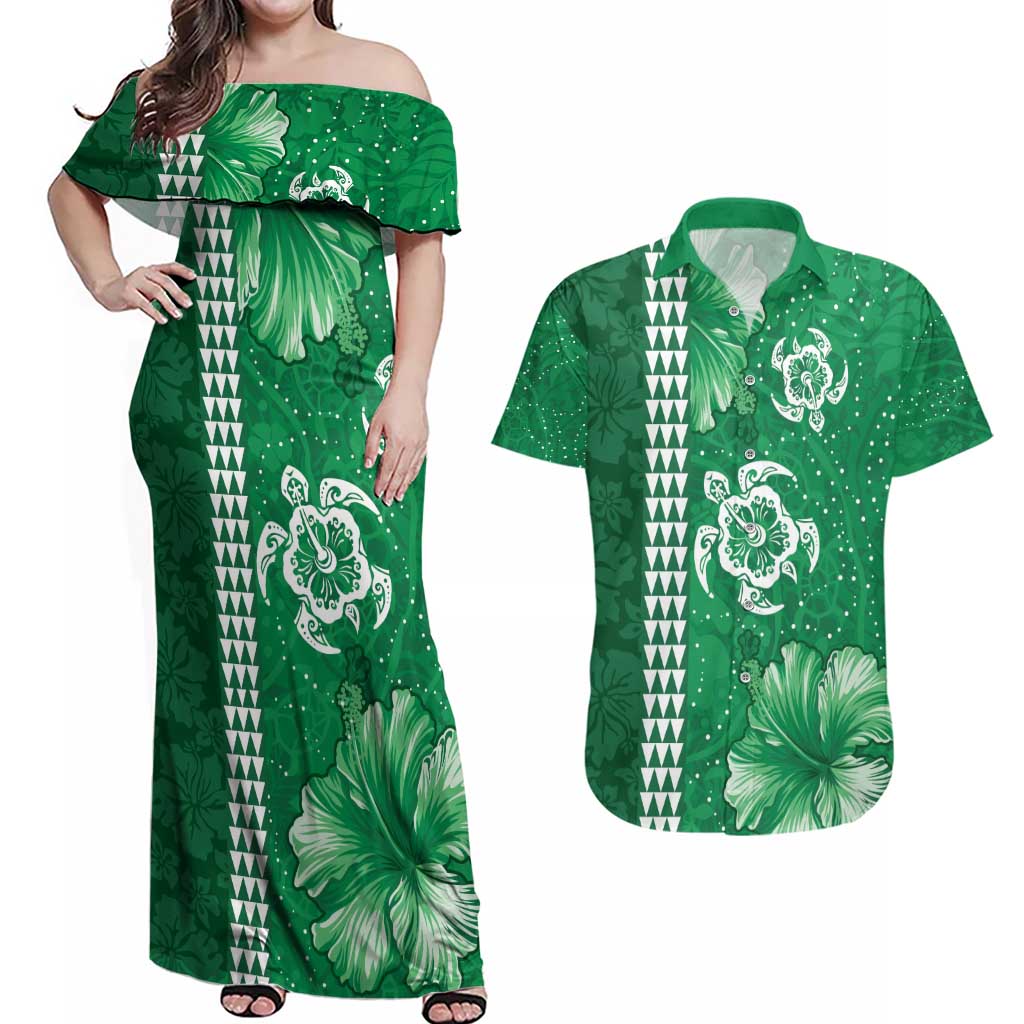 Green Hibiscus Turle Couples Matching Off Shoulder Maxi Dress and Hawaiian Shirt Hawaiian Style Tribal Tapa Pattern