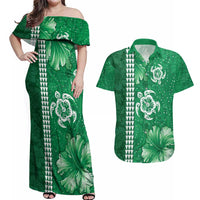 Green Hibiscus Turle Couples Matching Off Shoulder Maxi Dress and Hawaiian Shirt Hawaiian Style Tribal Tapa Pattern