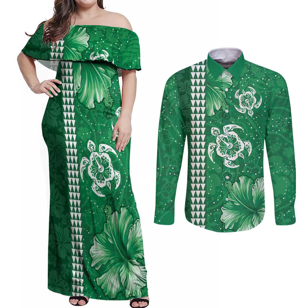 Green Hibiscus Turle Couples Matching Off Shoulder Maxi Dress and Long Sleeve Button Shirt Hawaiian Style Tribal Tapa Pattern