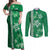 Green Hibiscus Turle Couples Matching Off Shoulder Maxi Dress and Long Sleeve Button Shirt Hawaiian Style Tribal Tapa Pattern