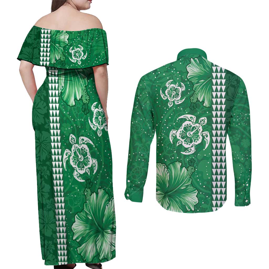 Green Hibiscus Turle Couples Matching Off Shoulder Maxi Dress and Long Sleeve Button Shirt Hawaiian Style Tribal Tapa Pattern
