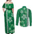 Green Hibiscus Turle Couples Matching Off Shoulder Maxi Dress and Long Sleeve Button Shirt Hawaiian Style Tribal Tapa Pattern
