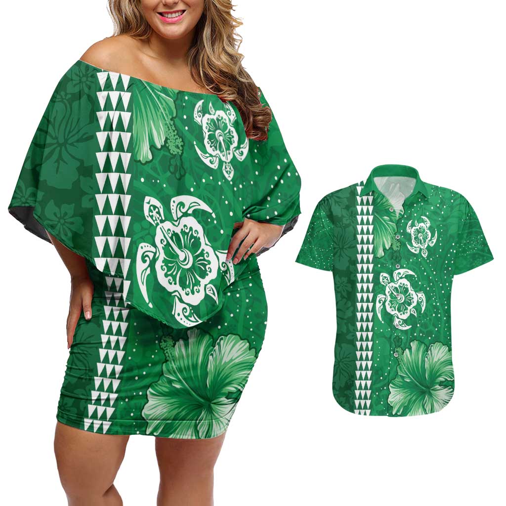 Green Hibiscus Turle Couples Matching Off Shoulder Short Dress and Hawaiian Shirt Hawaiian Style Tribal Tapa Pattern