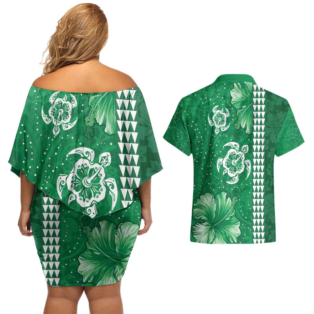 Green Hibiscus Turle Couples Matching Off Shoulder Short Dress and Hawaiian Shirt Hawaiian Style Tribal Tapa Pattern