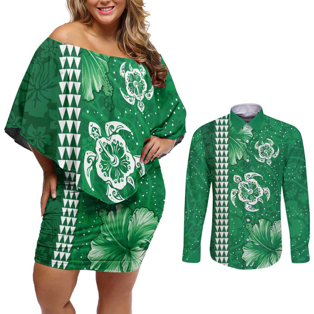 Green Hibiscus Turle Couples Matching Off Shoulder Short Dress and Long Sleeve Button Shirt Hawaiian Style Tribal Tapa Pattern