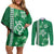 Green Hibiscus Turle Couples Matching Off Shoulder Short Dress and Long Sleeve Button Shirt Hawaiian Style Tribal Tapa Pattern