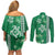 Green Hibiscus Turle Couples Matching Off Shoulder Short Dress and Long Sleeve Button Shirt Hawaiian Style Tribal Tapa Pattern