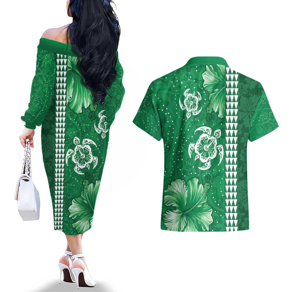 Green Hibiscus Turle Couples Matching Off The Shoulder Long Sleeve Dress and Hawaiian Shirt Hawaiian Style Tribal Tapa Pattern LT9 - Polynesian Pride