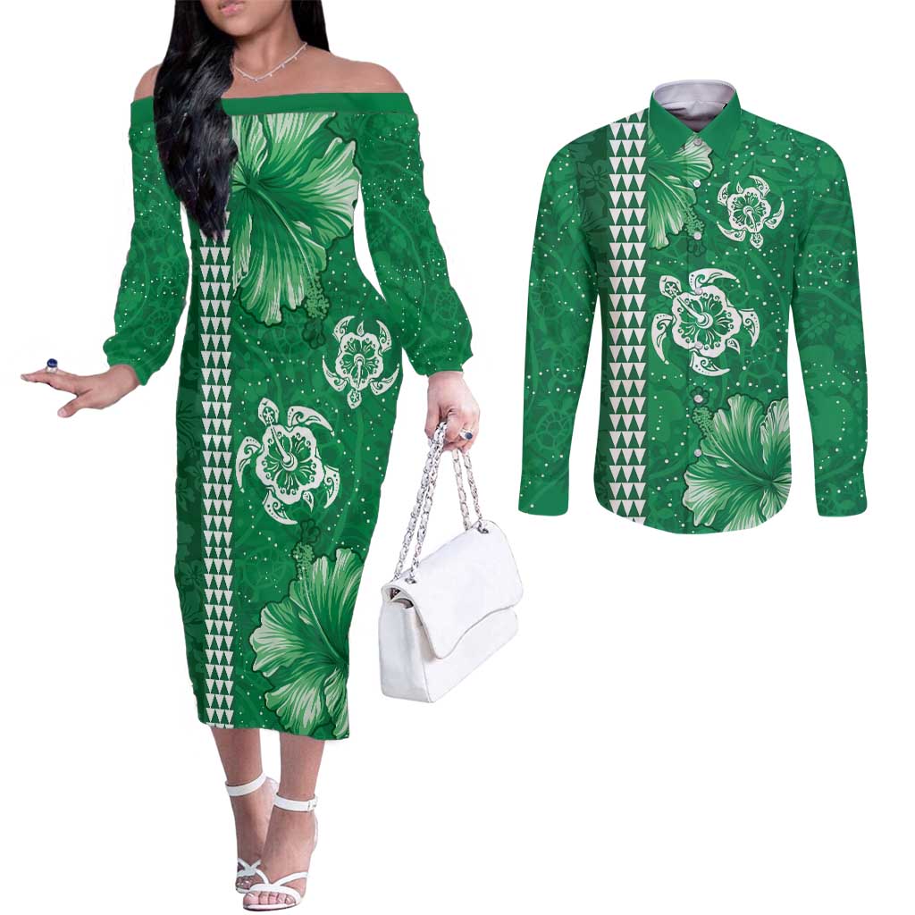 Green Hibiscus Turle Couples Matching Off The Shoulder Long Sleeve Dress and Long Sleeve Button Shirt Hawaiian Style Tribal Tapa Pattern