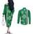 Green Hibiscus Turle Couples Matching Off The Shoulder Long Sleeve Dress and Long Sleeve Button Shirt Hawaiian Style Tribal Tapa Pattern