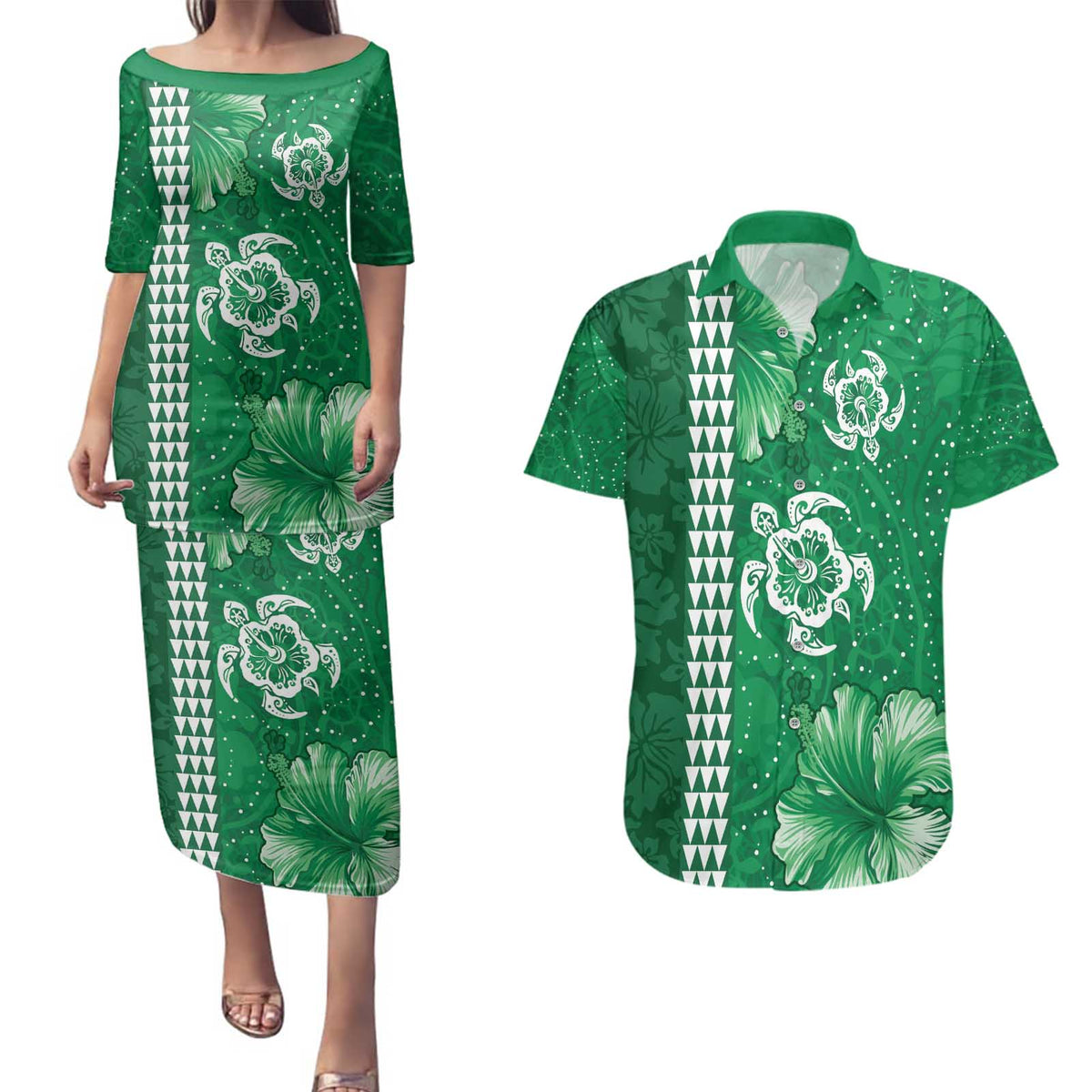Green Hibiscus Turle Couples Matching Puletasi and Hawaiian Shirt Hawaiian Style Tribal Tapa Pattern LT9 Green - Polynesian Pride