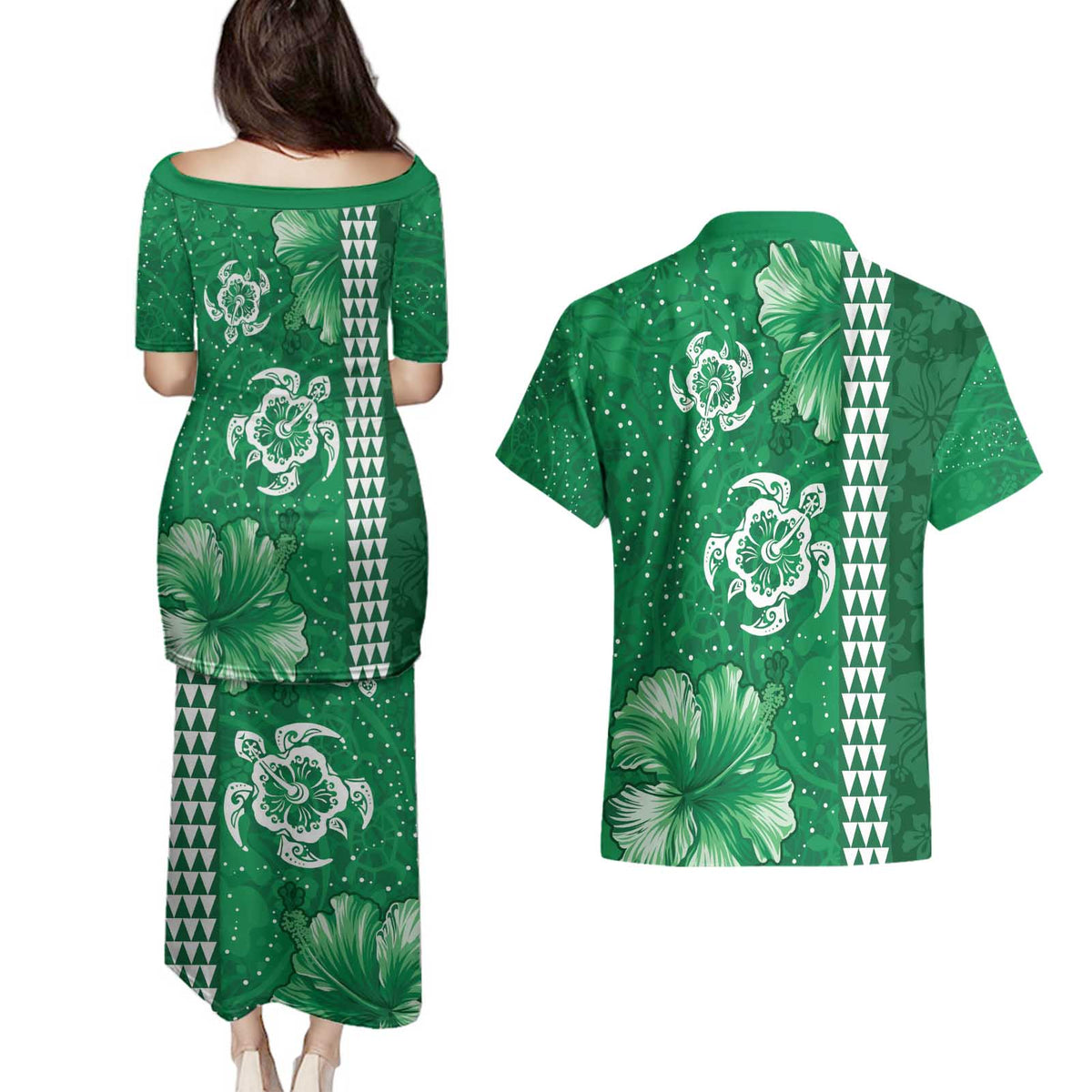 Green Hibiscus Turle Couples Matching Puletasi and Hawaiian Shirt Hawaiian Style Tribal Tapa Pattern LT9 - Polynesian Pride
