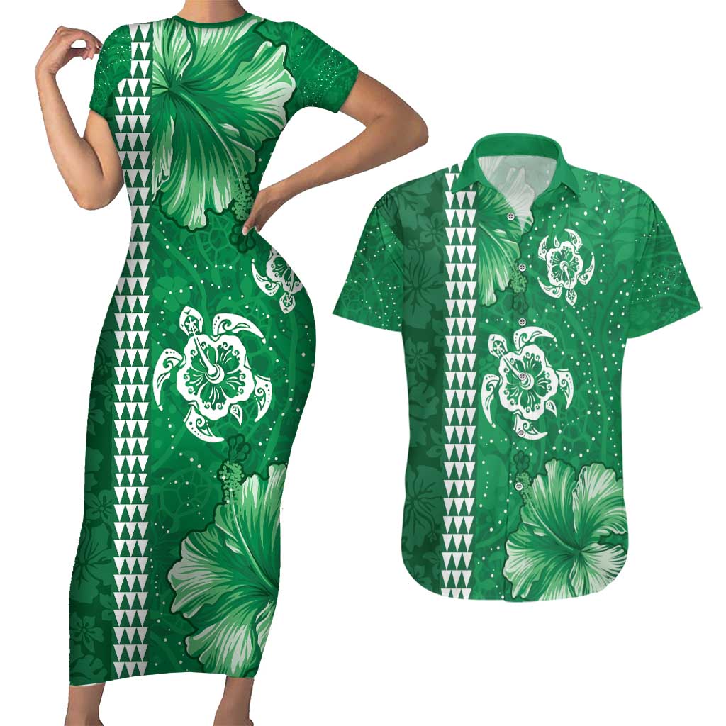 Green Hibiscus Turle Couples Matching Short Sleeve Bodycon Dress and Hawaiian Shirt Hawaiian Style Tribal Tapa Pattern