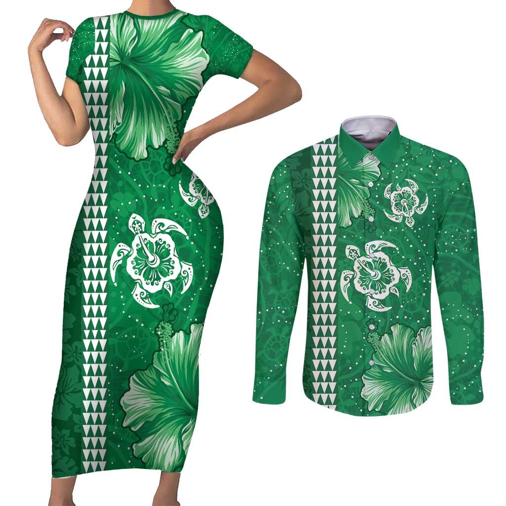 Green Hibiscus Turle Couples Matching Short Sleeve Bodycon Dress and Long Sleeve Button Shirt Hawaiian Style Tribal Tapa Pattern