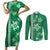 Green Hibiscus Turle Couples Matching Short Sleeve Bodycon Dress and Long Sleeve Button Shirt Hawaiian Style Tribal Tapa Pattern