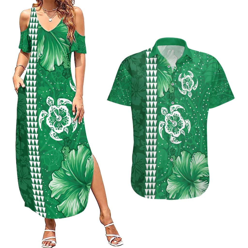 Green Hibiscus Turle Couples Matching Summer Maxi Dress and Hawaiian Shirt Hawaiian Style Tribal Tapa Pattern