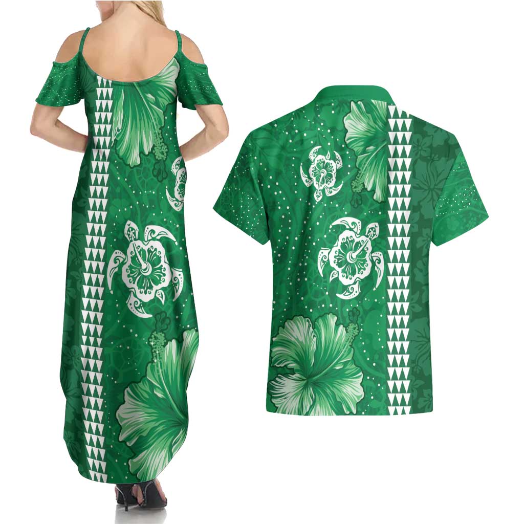 Green Hibiscus Turle Couples Matching Summer Maxi Dress and Hawaiian Shirt Hawaiian Style Tribal Tapa Pattern