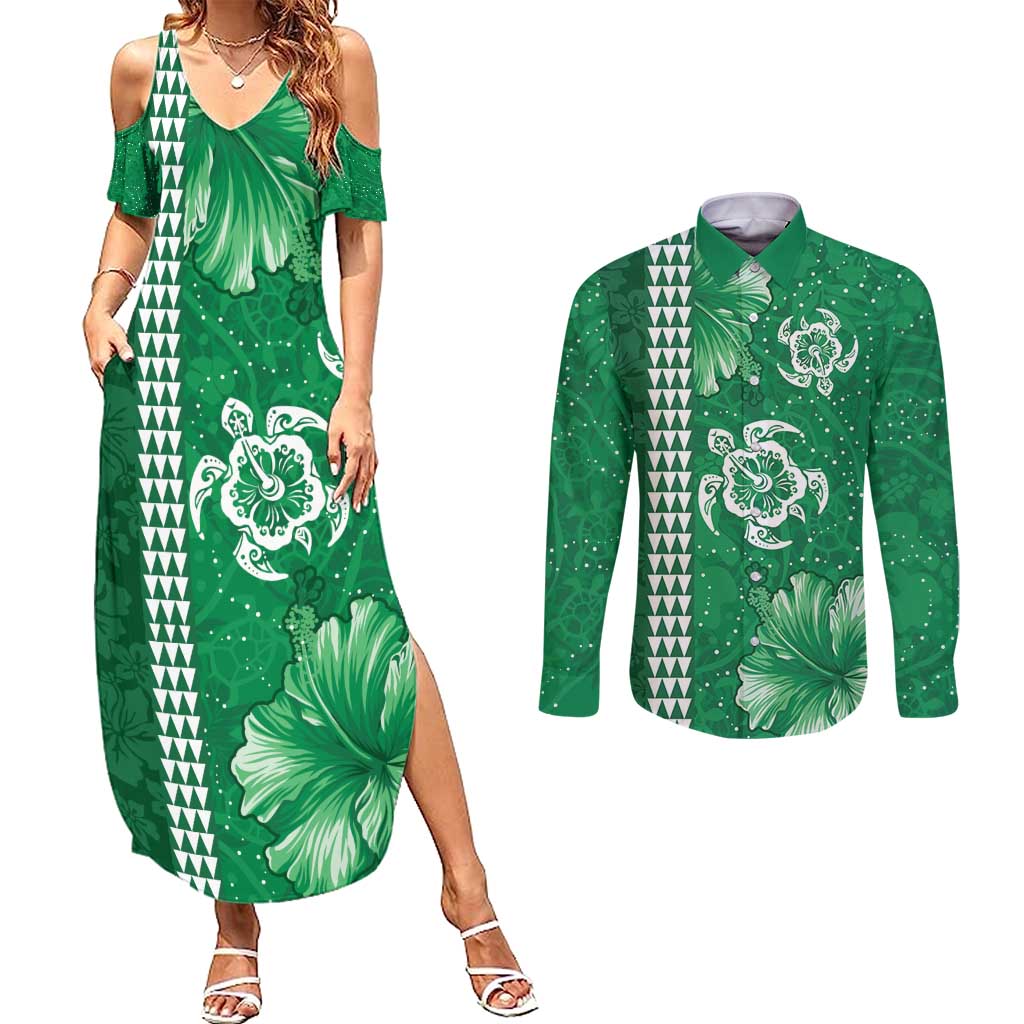Green Hibiscus Turle Couples Matching Summer Maxi Dress and Long Sleeve Button Shirt Hawaiian Style Tribal Tapa Pattern