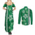 Green Hibiscus Turle Couples Matching Summer Maxi Dress and Long Sleeve Button Shirt Hawaiian Style Tribal Tapa Pattern