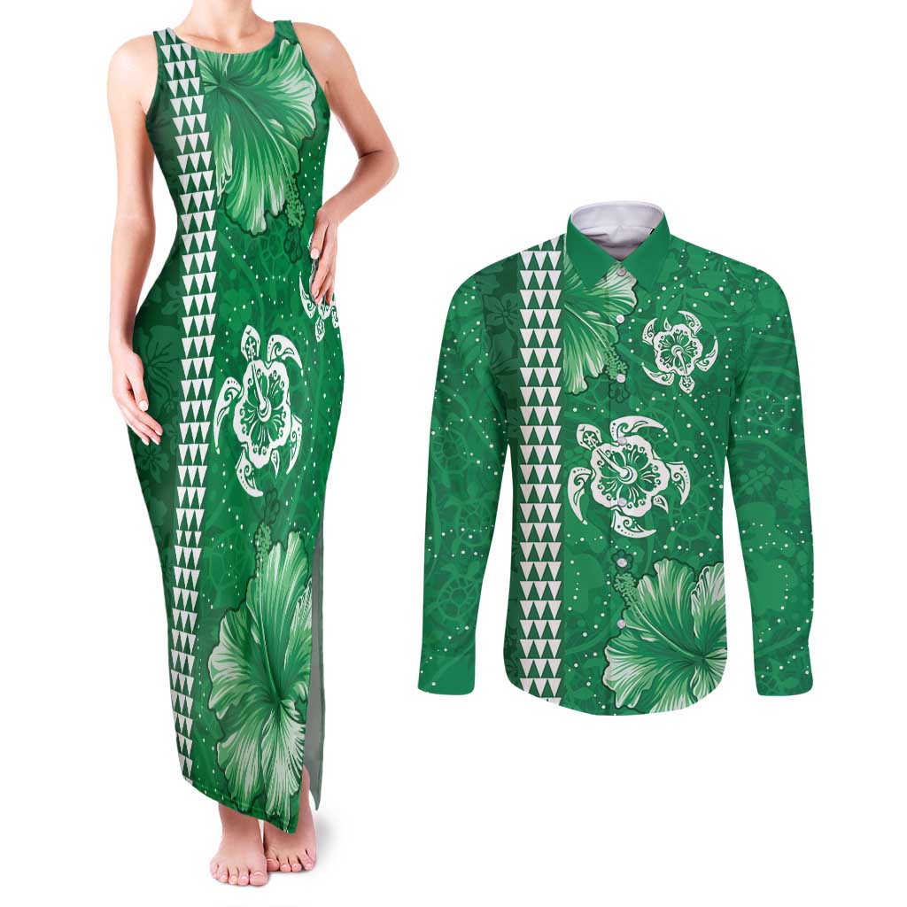 Green Hibiscus Turle Couples Matching Tank Maxi Dress and Long Sleeve Button Shirt Hawaiian Style Tribal Tapa Pattern