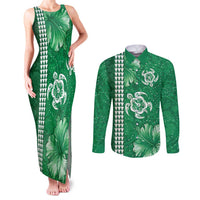 Green Hibiscus Turle Couples Matching Tank Maxi Dress and Long Sleeve Button Shirt Hawaiian Style Tribal Tapa Pattern